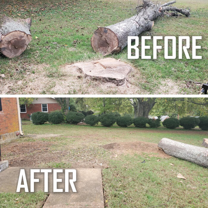 stump grinder sitting on customer property grinding a large stump