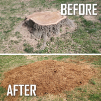 stump grinder sitting on customer property grinding a large stump